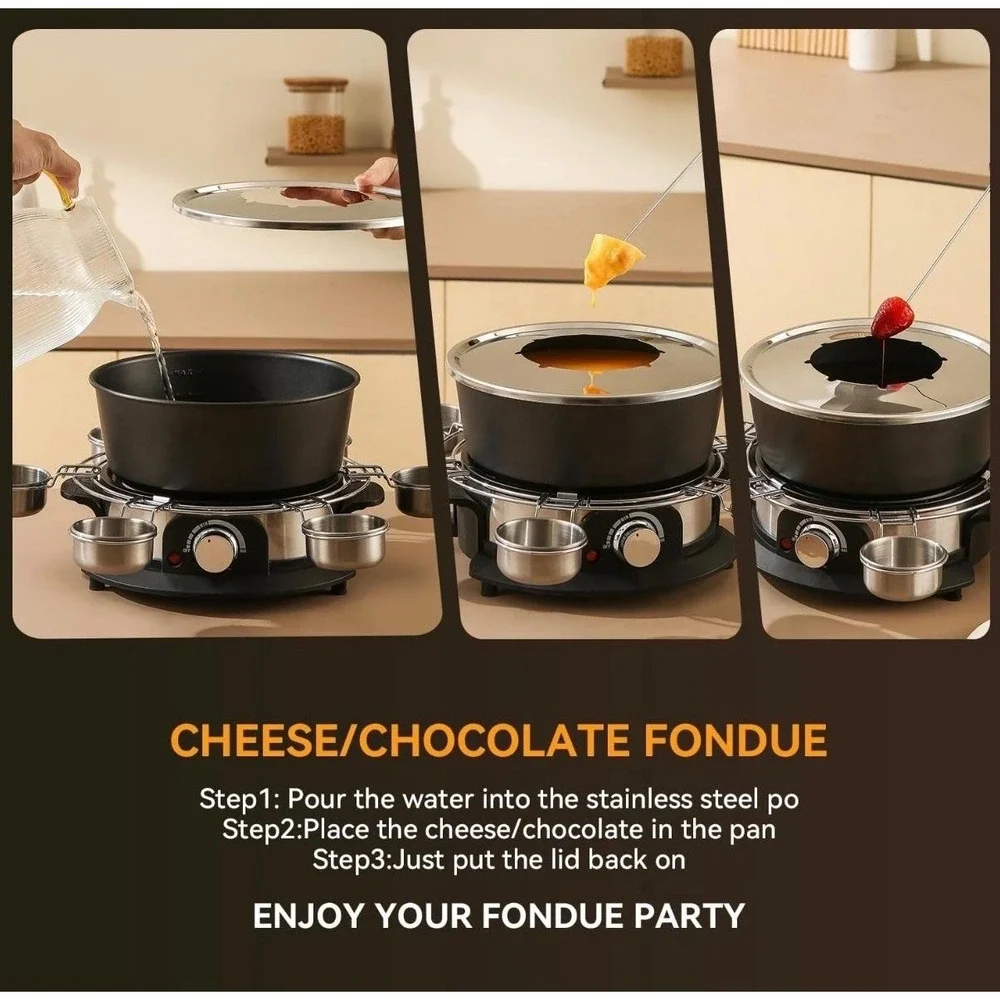 Gadamerlum Electric Fondue Pot Set 2L 1300W Black Cheese Chocolate 8 Forks Party